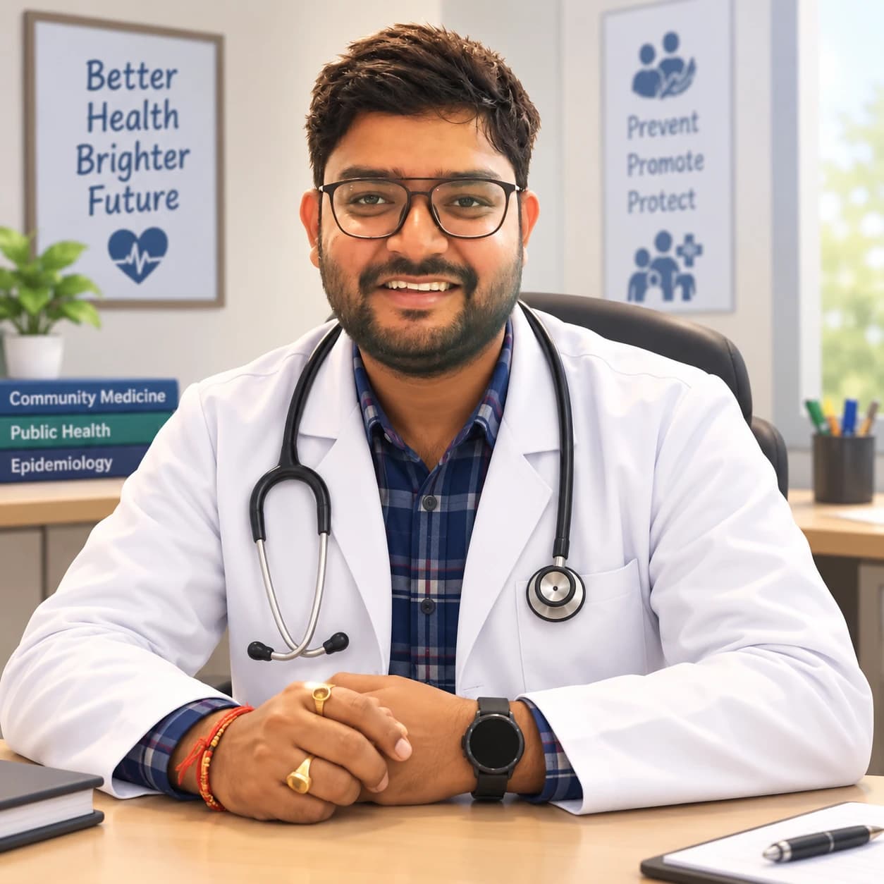 Dr. Ritesh Ranjan, Community Medicine resident, at his desk